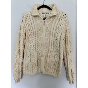 Aran Mor Ireland Womens S Merino Wool Full Zip Cardigan Beige Sweater Fisherman